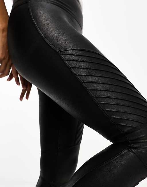 Spanx Petite leather look biker leggings in black