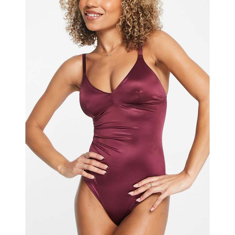 Spanx Shaping Satin thong bodysuit with tummy smoothing detail in sangria