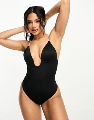 Spanx Suit Your Fancy low back thong smoothing plunge bodysuit in black - ASOS Price Checker