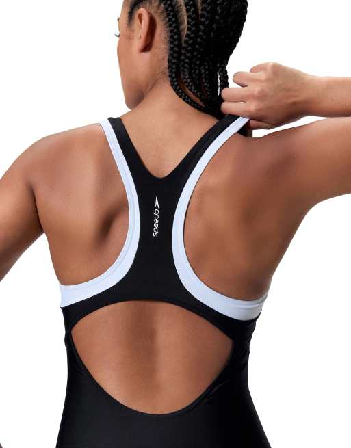 Speedo Colourblock racerback swimsuit in black/white, 2 of 4