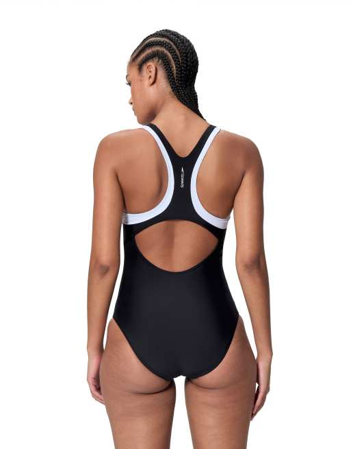 Speedo Colourblock racerback swimsuit in black/white, 4 of 4
