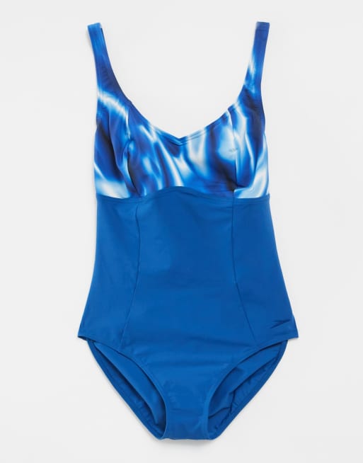 Speedo - Contour - Badpak met glanzende print in blauw en wit