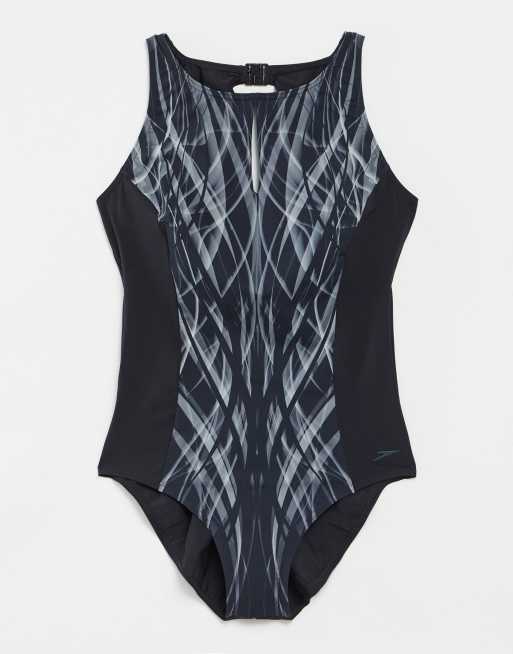 Speedo - Contour - Badpak met glanzende print in zwart en wit