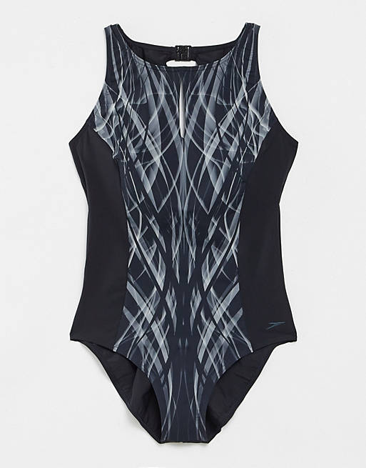 Speedo contour lustre printed swimsuit in black and white