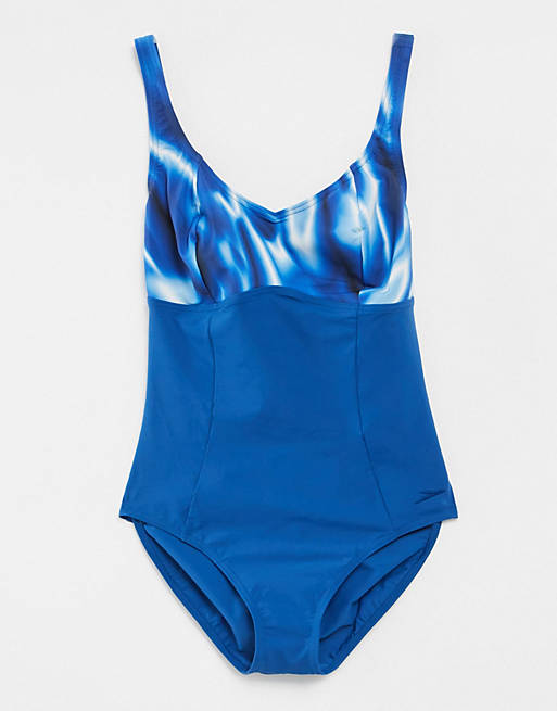 Speedo contour lustre printed swimsuit in blue and white