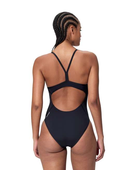 Speedo Endurance+ logo thin strap swimsuit in black, 2 of 5