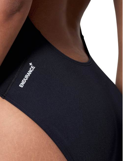 Speedo Endurance+ logo thin strap swimsuit in black, 4 of 5