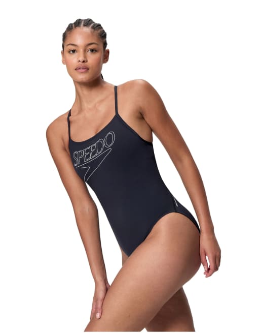 Speedo Endurance+ logo thin strap swimsuit in black, 5 of 5