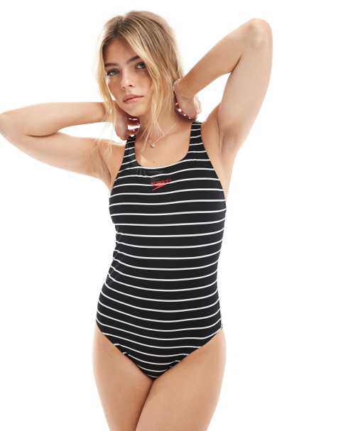 Speedo – endurance+ medalist – Gestreifter Badeanzug in Anthrazit - view 1