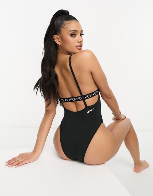 Speedo Hoogopgesneden badpak met elastische band met logo in zwart ASOS
