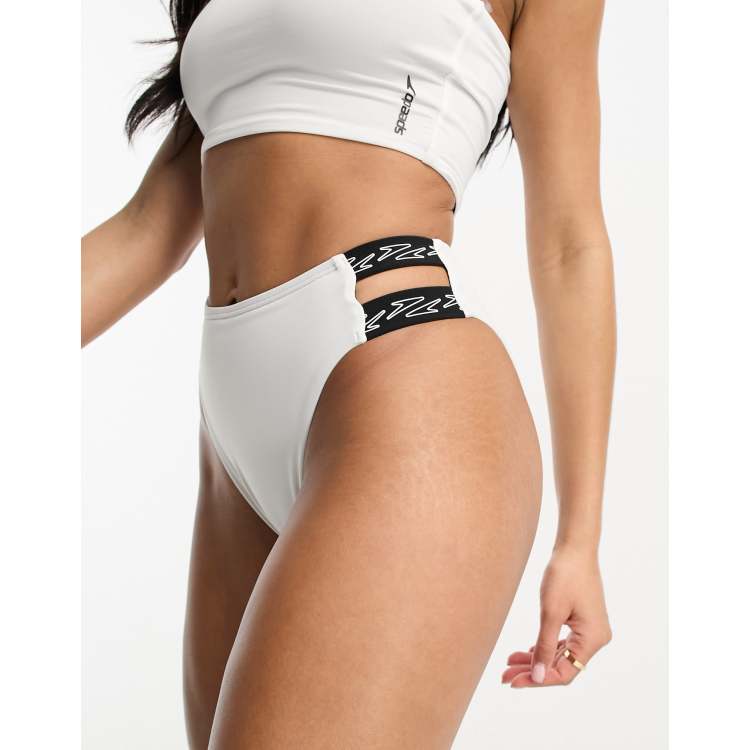 Speedo logo elastic high waist reversible bikini bottoms in white