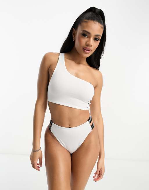 Speedo logo elastic high waist reversible bikini bottoms in white