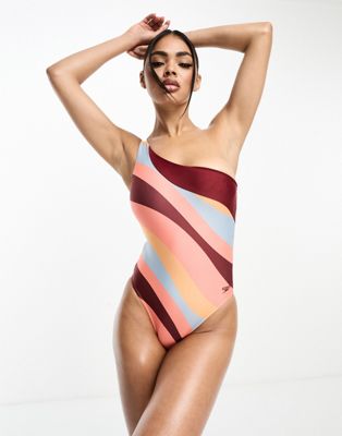 Speedo one shoulder swirl print swimsuit in burgundy and coral