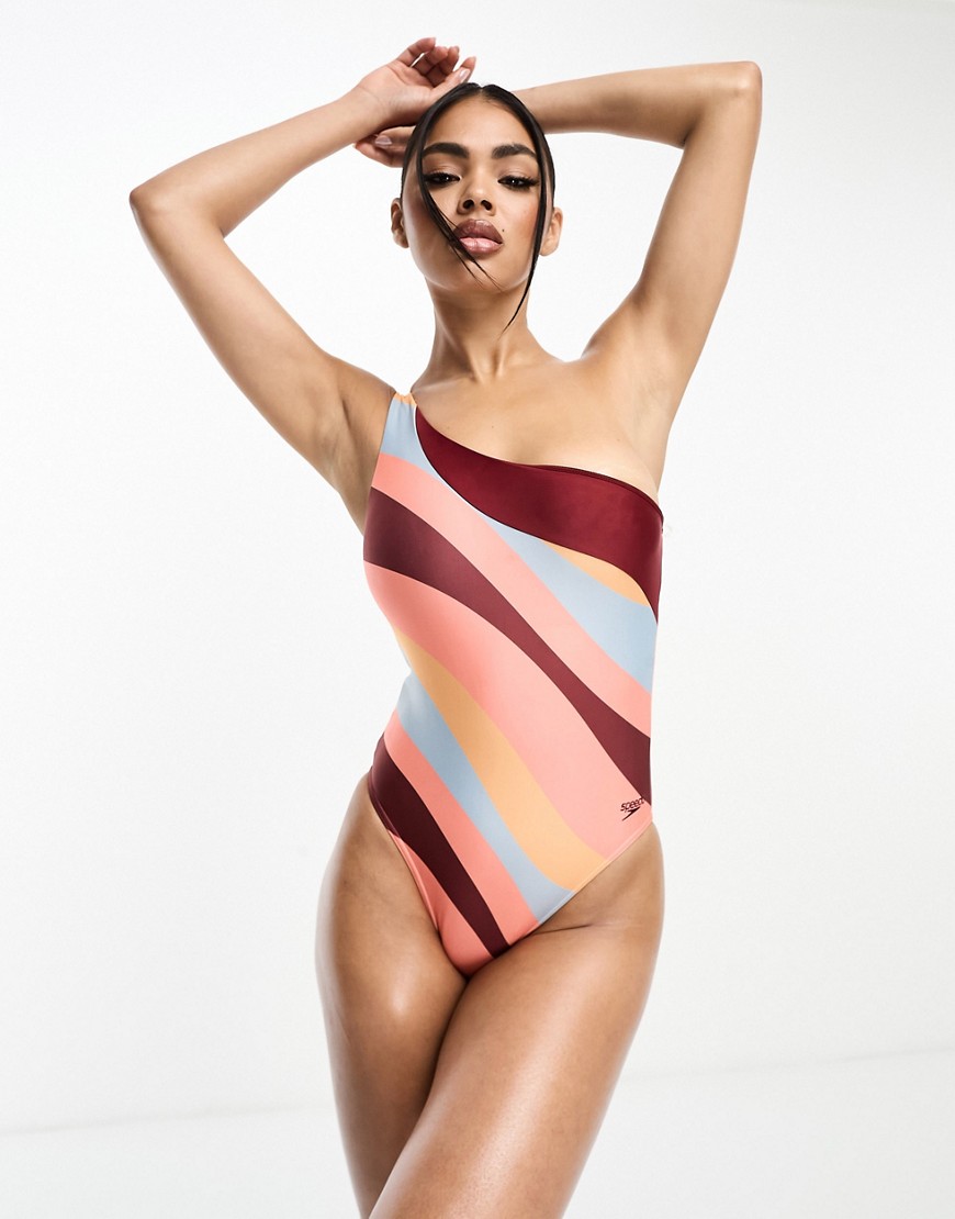 Speedo one shoulder swirl print swimsuit in burgundy and coral-Red