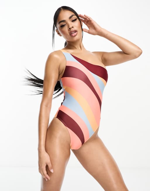 Speedo one shoulder swirl print swimsuit in burgundy and coral