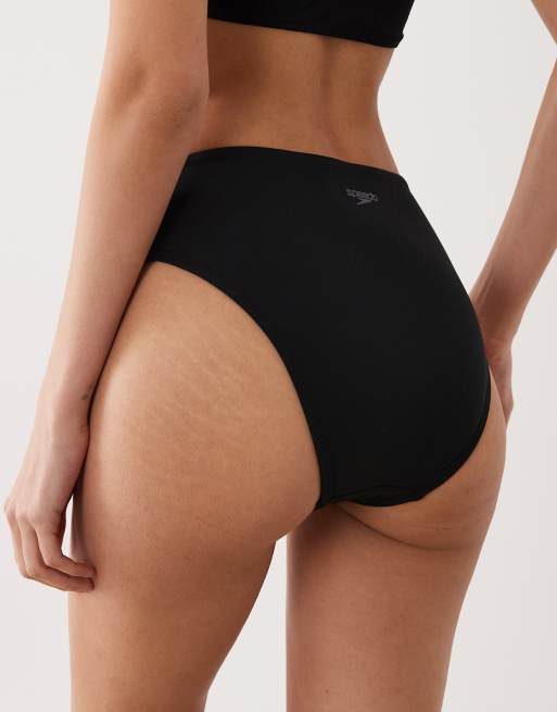 Speedo Solid cheeky high waist bikini bottom in black, 2 of 4