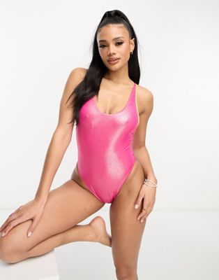 Speedo solid foil print mulitway swimsuit in pink