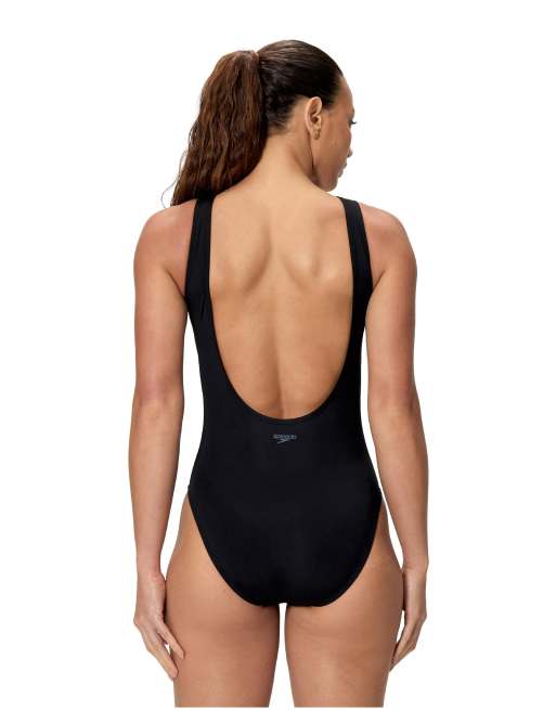 Speedo Solid high neck swimsuit in black, 2 of 4