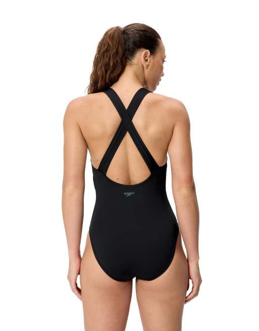 Speedo Solid scoop neck swimsuit in black, 2 of 5
