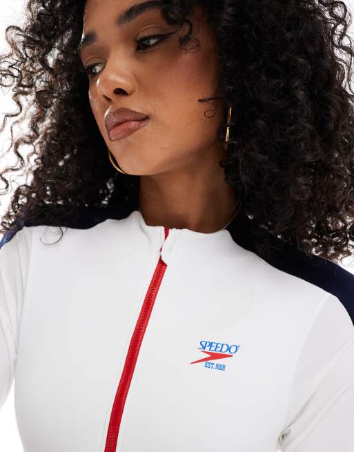 Speedo Swimsuit long sleeve zip swimsuit in white ASOS