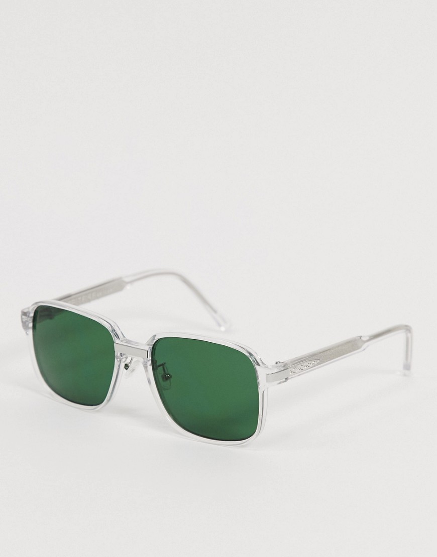 Spitfire BTA retro oversized sunglasses in clear with green lens-Grey