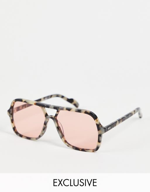 Spitfire – Cut Fifty – Kwadratowe szylkretowe okulary przeciwsłoneczne oversize typu aviator w szarym kolorze z różowymi soczewkami – Tylko w ASOS