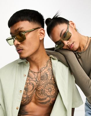 Spitfire Deltoid Rectangular Sunglasses In Green With Tonal Lens - Exclusive To Asos