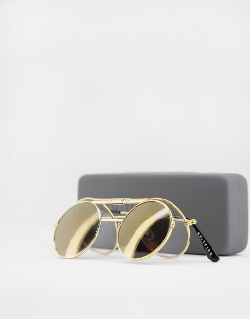 Spitfire Lennon Flip round sunglasses in gold with gold mirror - Main Image