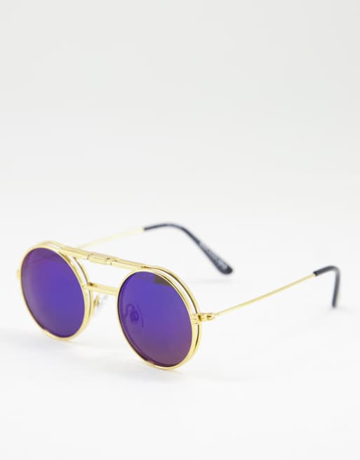 Spitfire Lennon Flip round sunglasses in gold with purple mirror lens