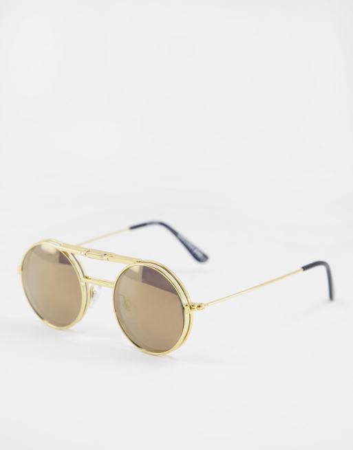Spitfire – Lennon Flip – Runde Sonnenbrille in Gold mit goldenen, verspiegelten Gläsern zum Hochklappen