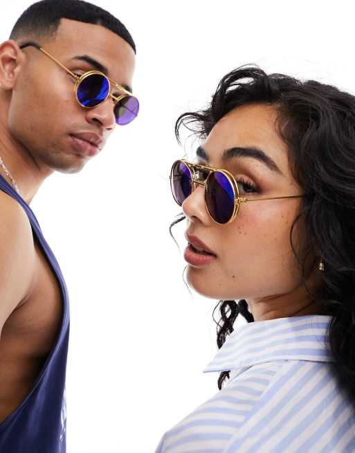 Spitfire lennon flip up sunglasses in gold with blue mirror lens, 2 of 4