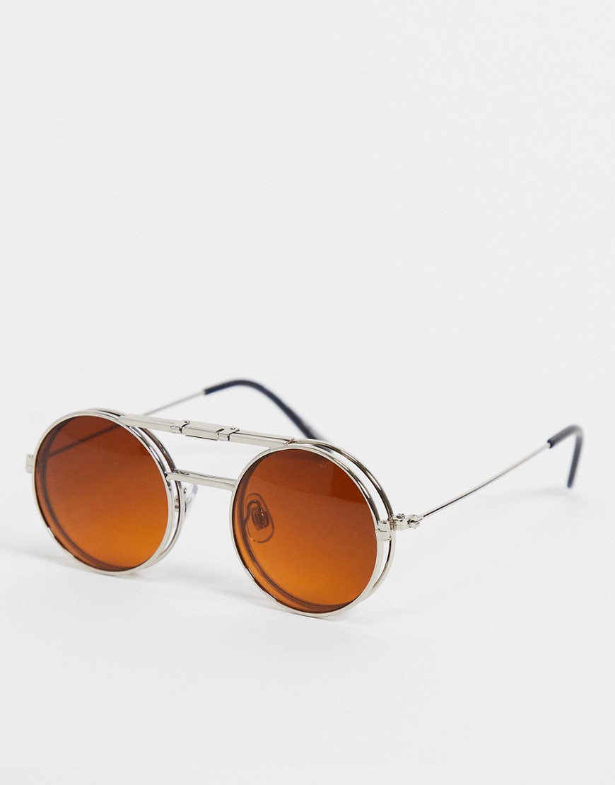 Spitfire - Lennon - Ronde uniseks zonnebril in zilver met omklapbare bruine glazen