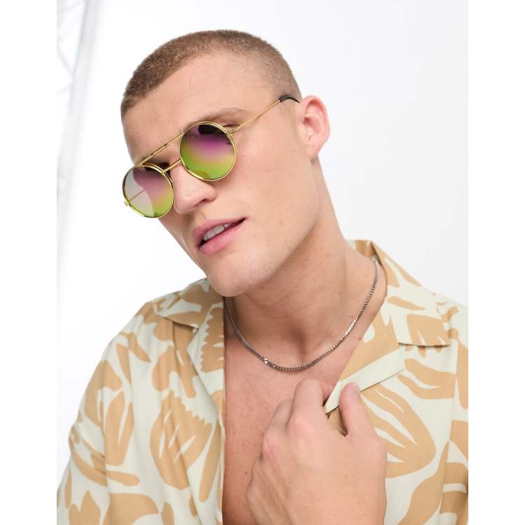 Round flip cheap up sunglasses gold