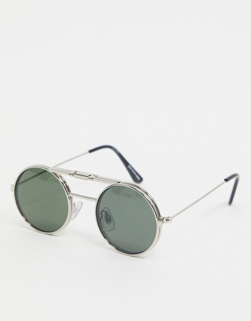 Spitfire Lennon round flip up glasses in silver with green lens