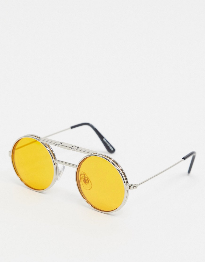 Spitfire Lennon round flip up glasses in silver with orange lens
