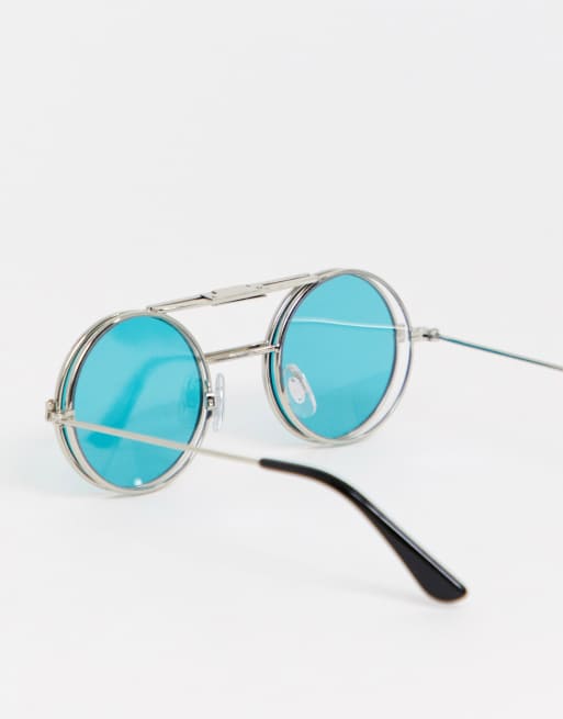 Spitfire Lennon round flip up glasses in turquoise, 2 of 4