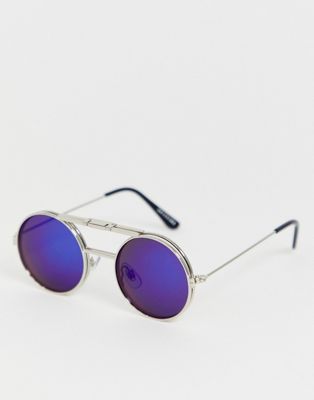 Spitfire Lennon round flip up sunglasses in silver with blue lense