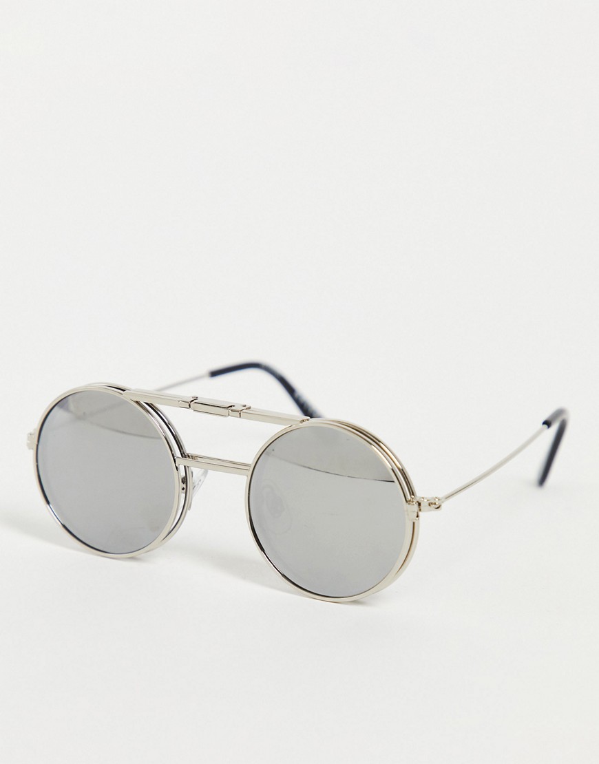 Spitfire - Lennon - Uniseks ronde zonnebril met omklapbare zilveren spiegelglazen in zilver