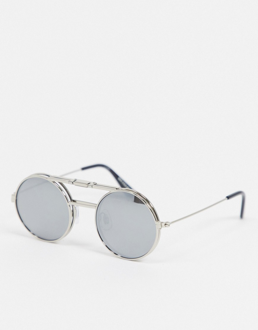 Spitfire Lennon unisex round flip up glasses in silver with silver mirrored lens