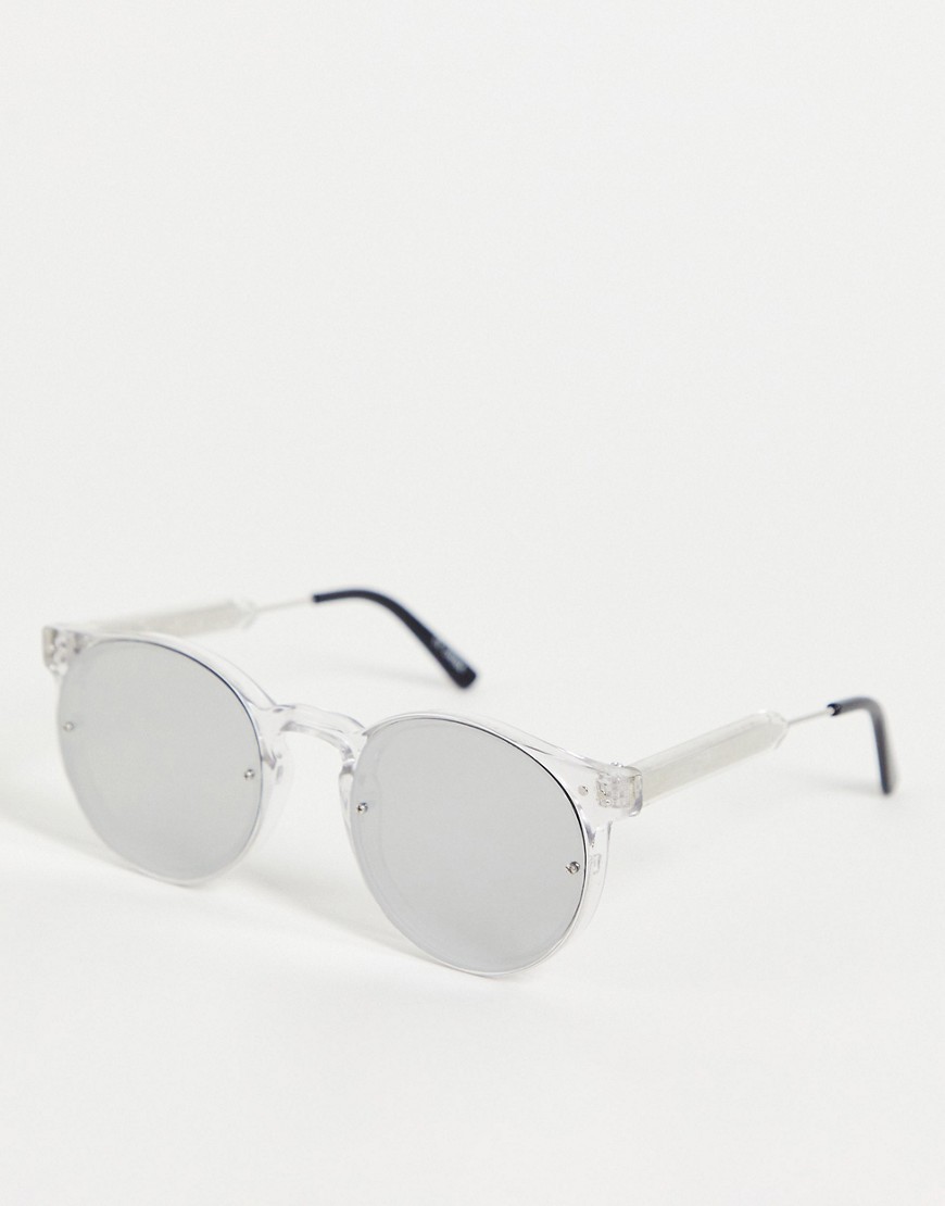 Spitfire - Post Punk - Uniseks ronde zonnebril met doorzichtig montuur en zilveren, spiegelende glazen