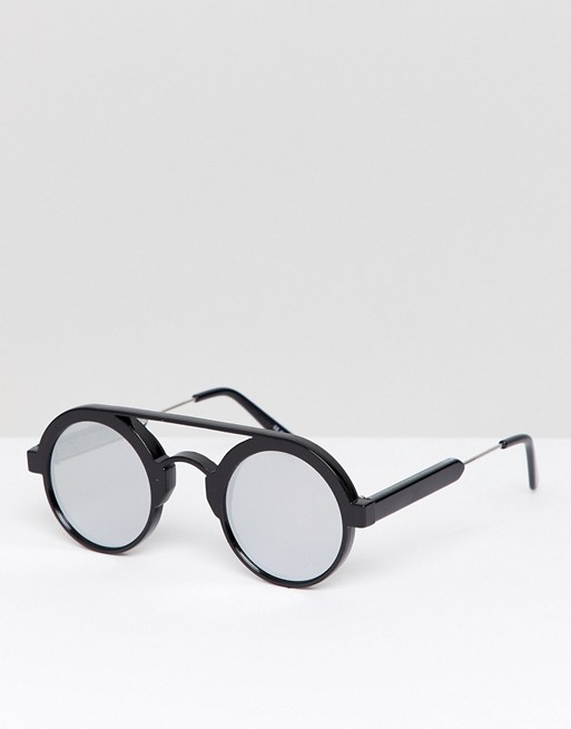 Spitfire round sunglasses in black with mirrored lens