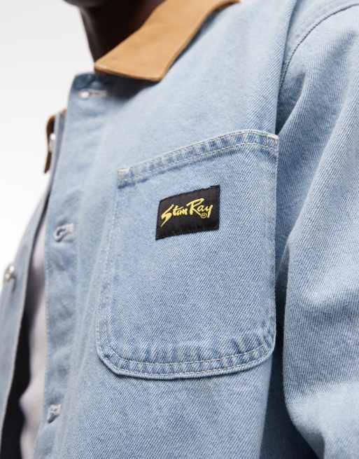 Stan Ray denim button up utility style jacket with contrast collar in midwash blue, 4 of 5