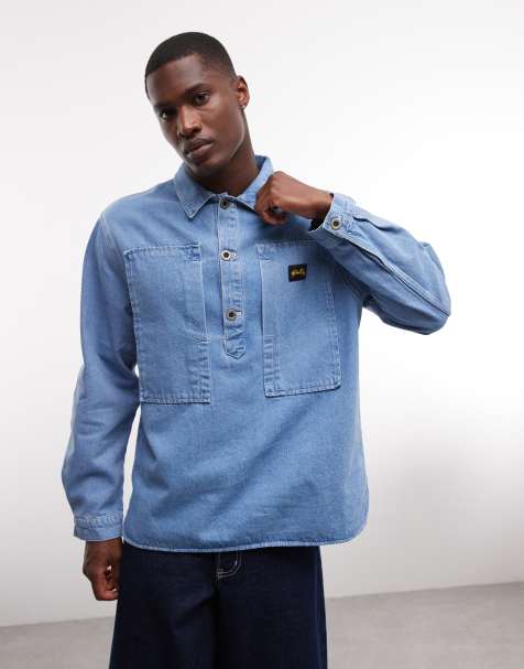 Stan Ray denim long sleeve half button up shirt in blue wash - view 1