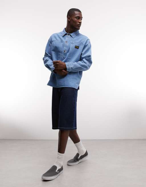 Stan Ray denim long sleeve half button up shirt in blue wash, 2 of 5