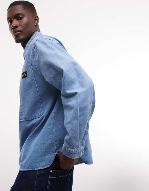 Stan Ray denim long sleeve half button up shirt in blue wash, 4 of 5