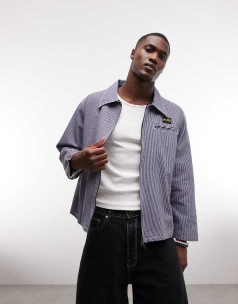 Stan Ray denim zip through hickory stripe gas jacket in blue multi - view 1