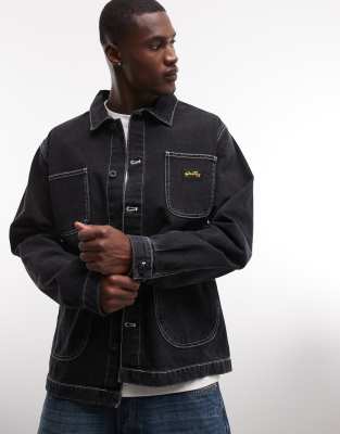 Jeansjacke im Utility-Stil in verwaschenem Schwarz mit Knopfleiste Schwarz XL
