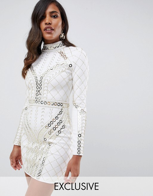 Starlet baroque all over embellished high neck bodycon dress flow