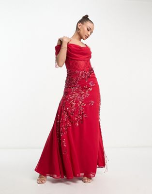 Starlet Bardot Maxi Dress With Thigh Split In Red Floral Lace With Bead Fringe