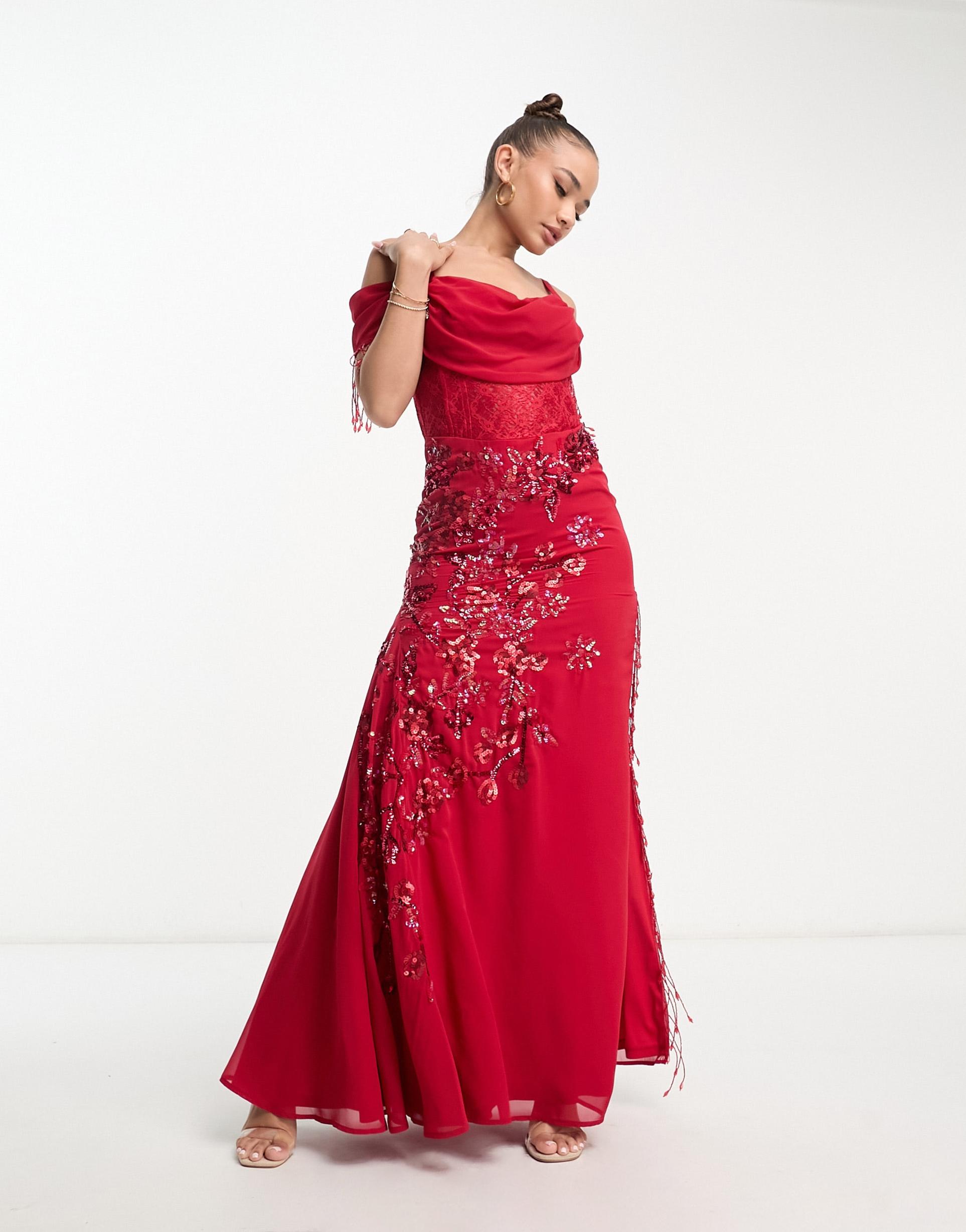 starlet bardot maxi dress with thigh split in red floral lace with bead fringe